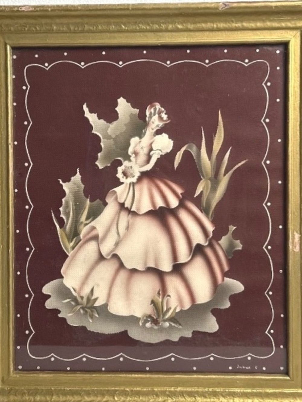 Vintage MCM Turner Wall Accessory Framed Lady Print - Burgundy & Gold
